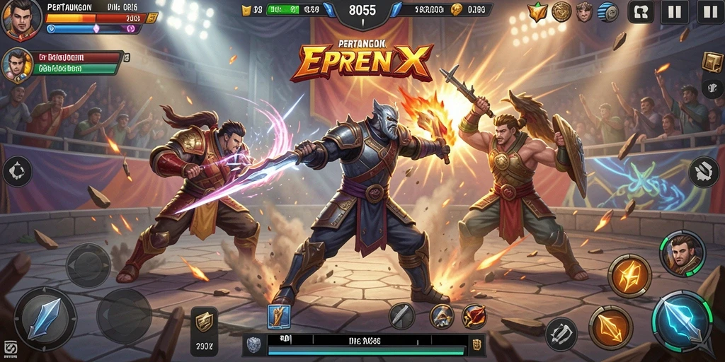 Screenshot gameplay <strong>8055</strong> yang menampilkan pertarungan seru antara karakter-karakter hebat.