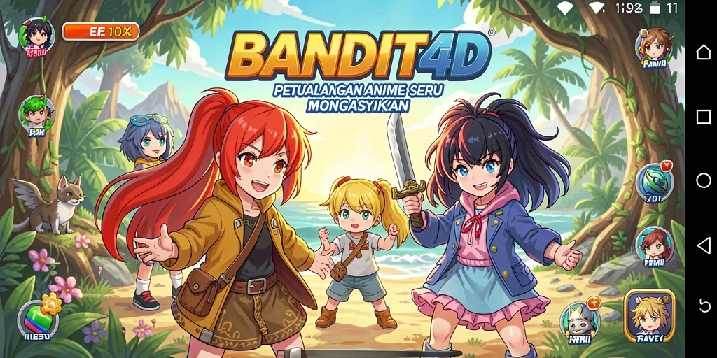 Tangkapan layar menunjukkan aksi seru dalam permainan BANDIT4D dengan karakter Anime.