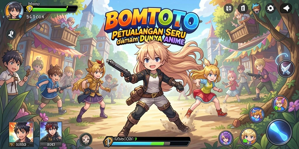 Screenshot gameplay BOMTOTO menampilkan aksi seru dalam dunia Anime.