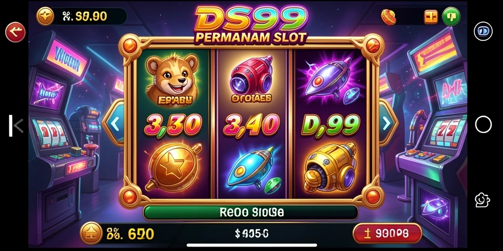 Screenshot gameplay DS99 menampilkan mesin slot dengan tema menarik dan opsi taruhan.