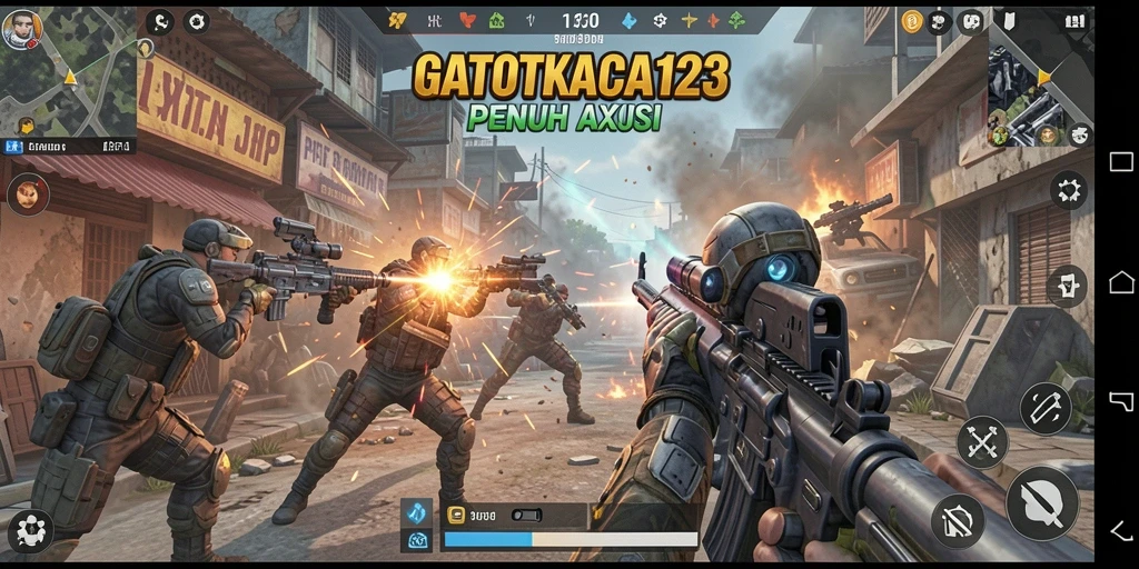 Screenshot gameplay GATOTKACA123 menunjukkan aksi tembak-menembak yang intens.
