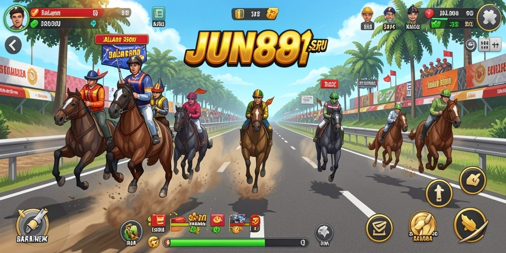 Screenshot gameplay JUN88 menampilkan aksi balapan mendebarkan di jalan yang menantang.