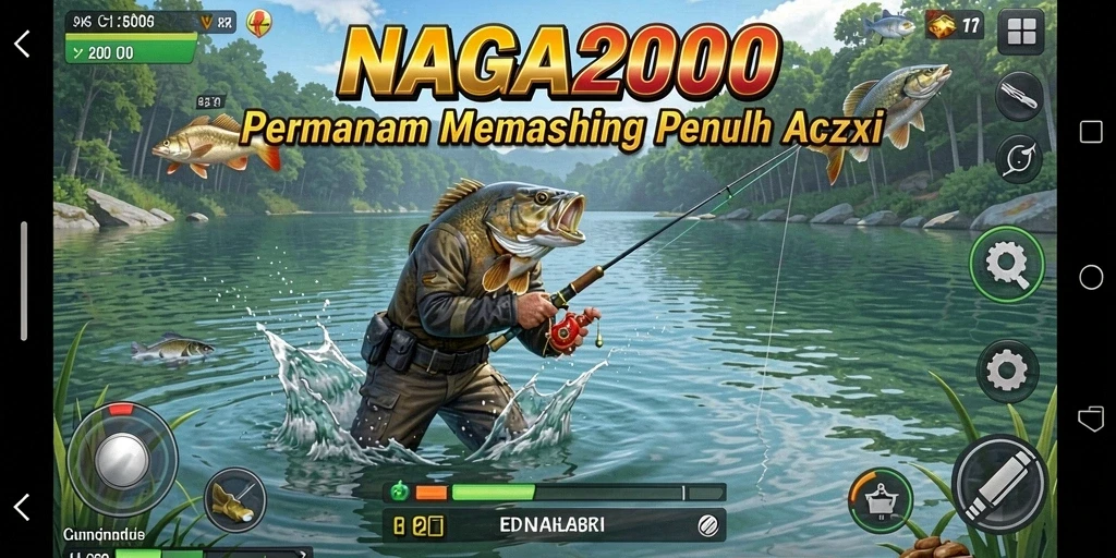 Tampilan screenshot NAGA2000 menunjukkan aksi tangkap ikan seru.
