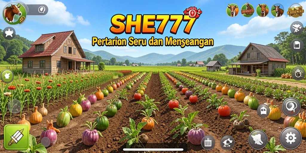Screenshot utama SHE777 menampilkan aktivitas bertani yang seru.
