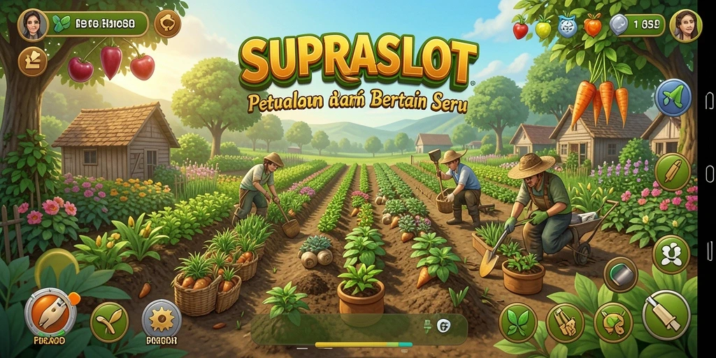 Tampilan screenshot game SUPRASLOT dengan kebun yang indah dan beragam tanaman.