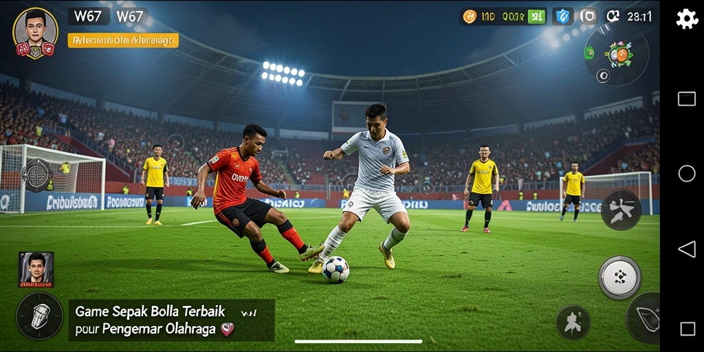 Screenshot gameplay W67 menampilkan aksi seru dalam pertandingan sepak bola.